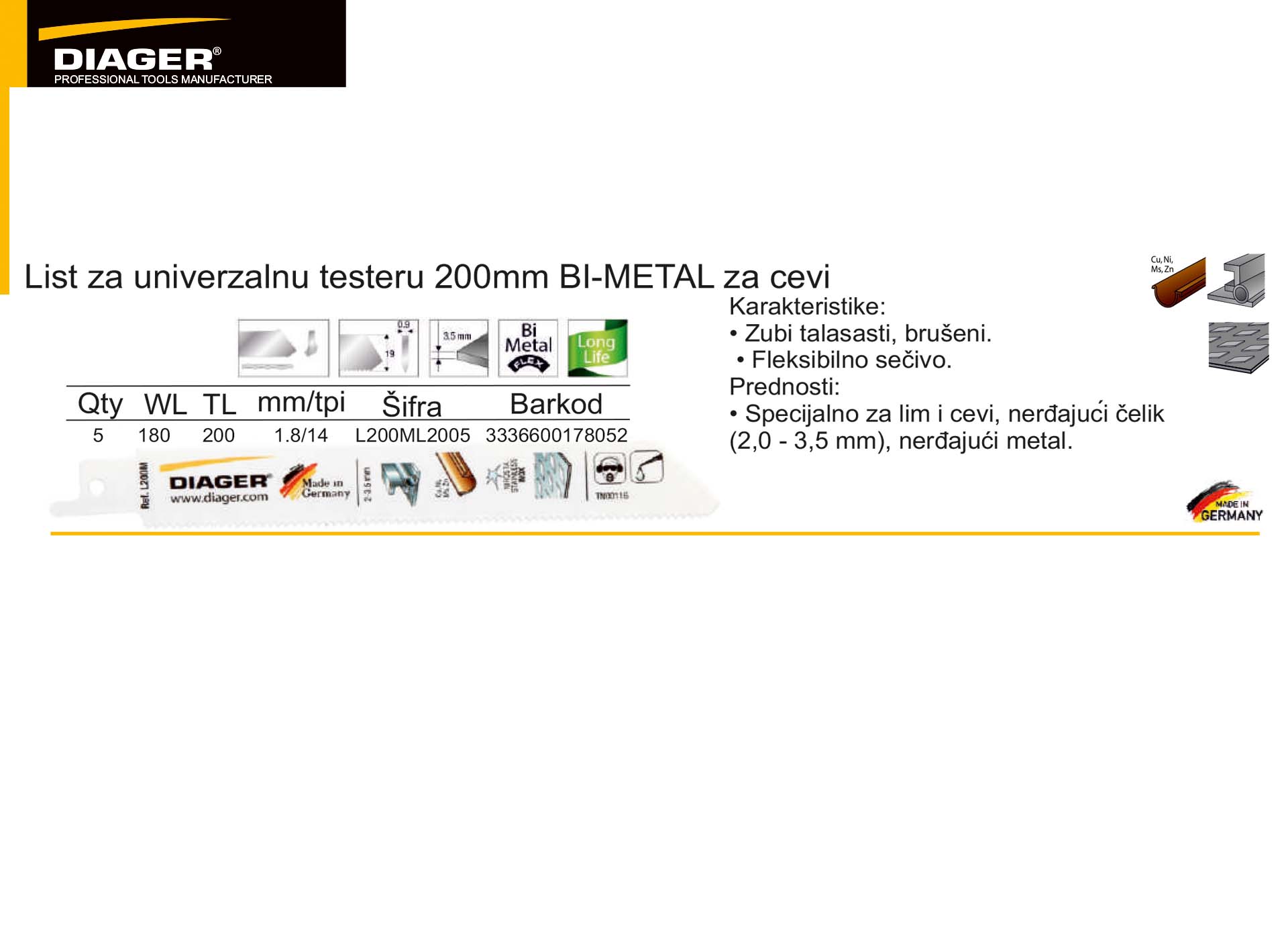 List za univerzalnu testeru 200mm BI-METAL za cevi