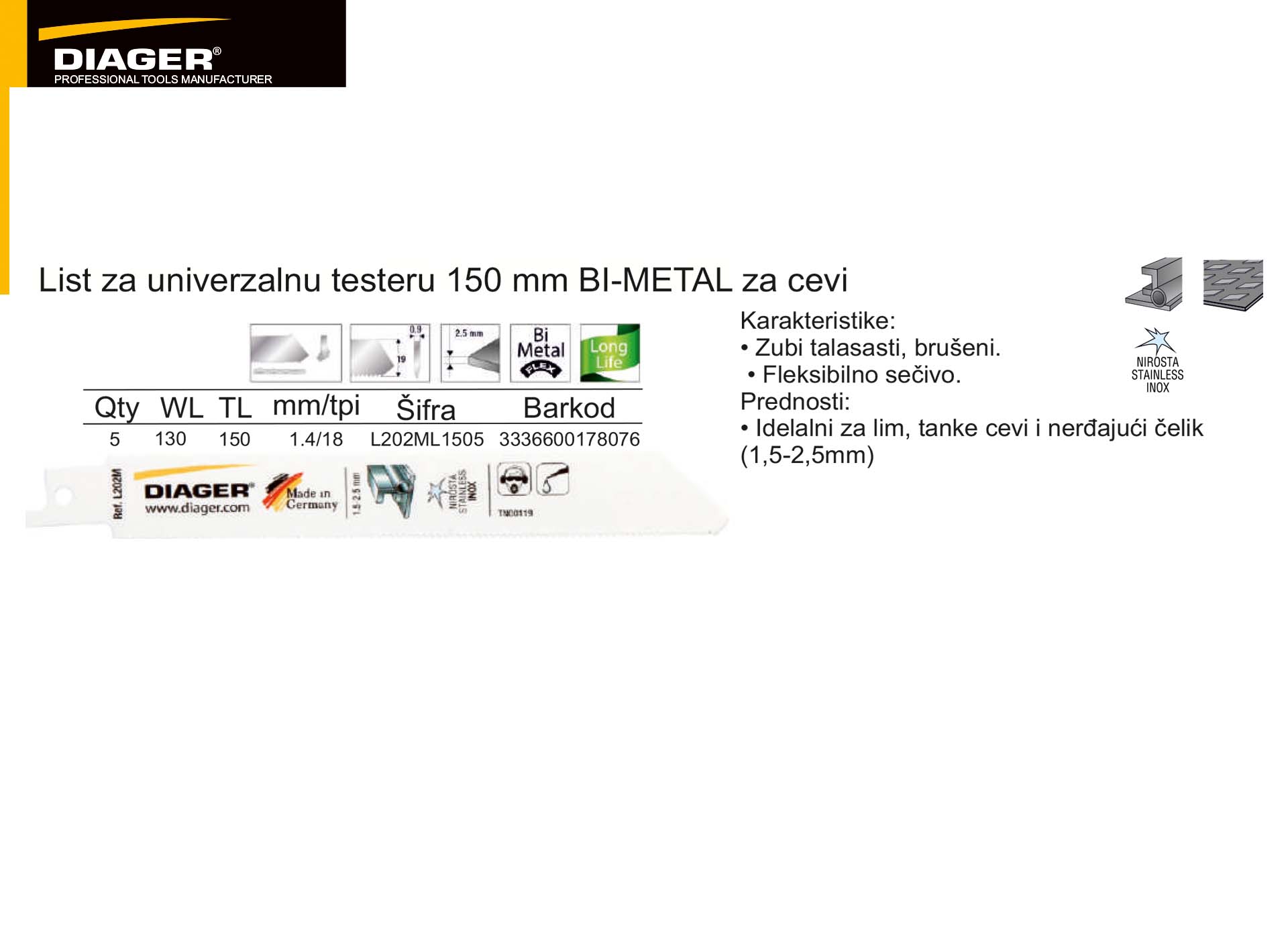 List za univerzalnu testeru 150 mm BI-METAL za cevi