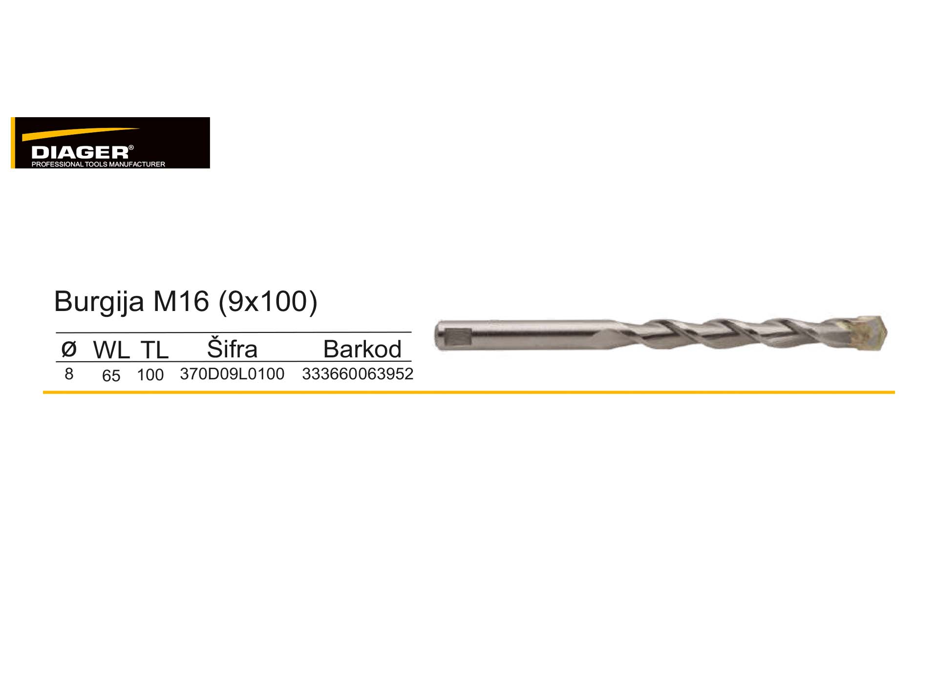Burgija M16 - 9x100