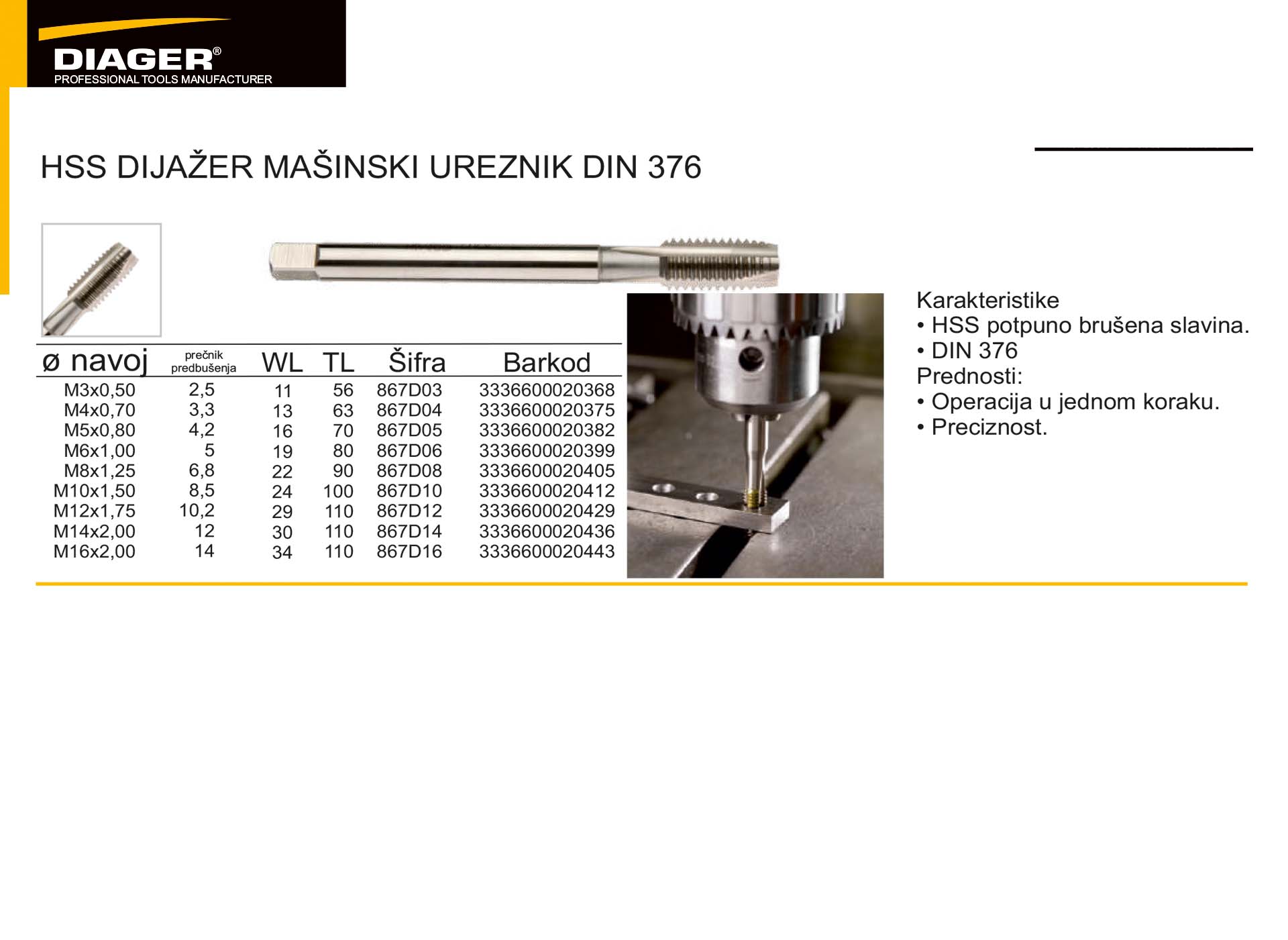 HSS DIJAŽER MAŠINSKI UREZNIK DIN 376