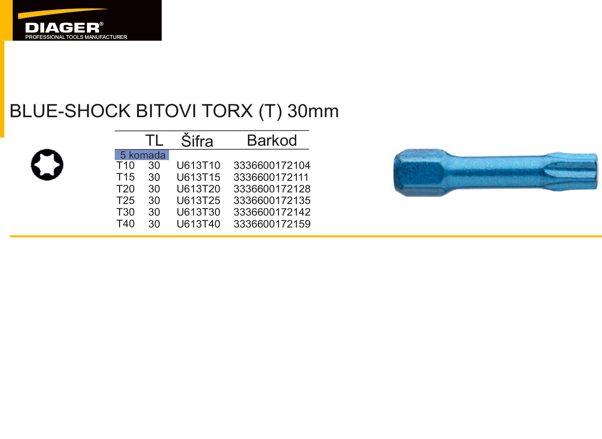 BLUE-SHOCK BITOVI TORX (T) 30mm