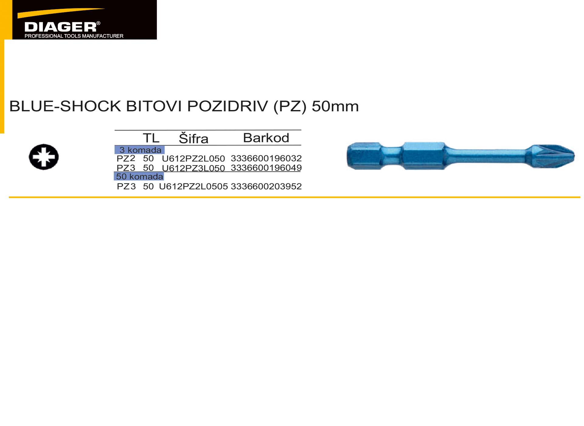  BLUE-SHOCK BITOVI POZIDRIV (PZ) 50mm