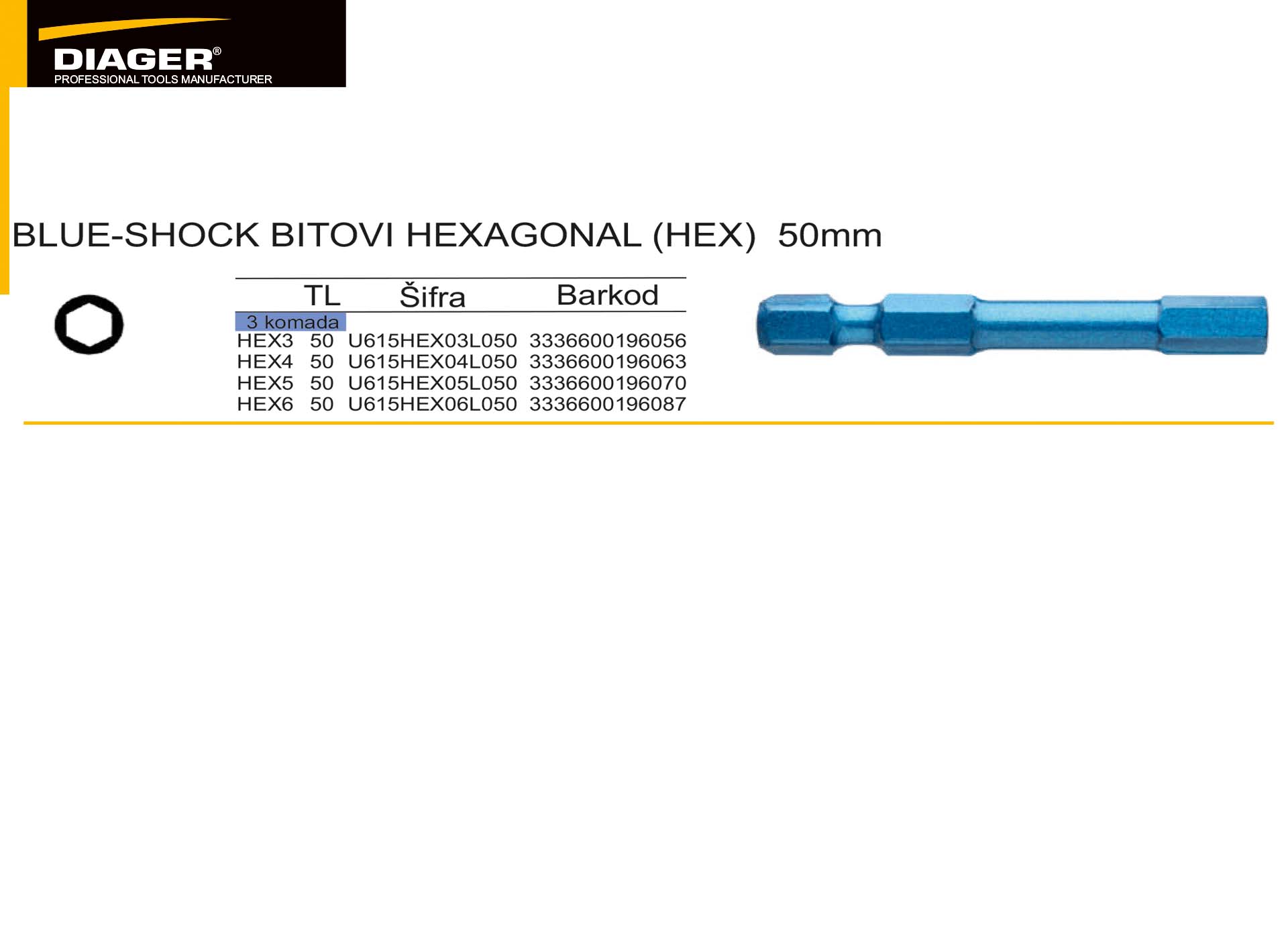 BLUE-SHOCK BITOVI HEXAGONAL (HEX) 50mm