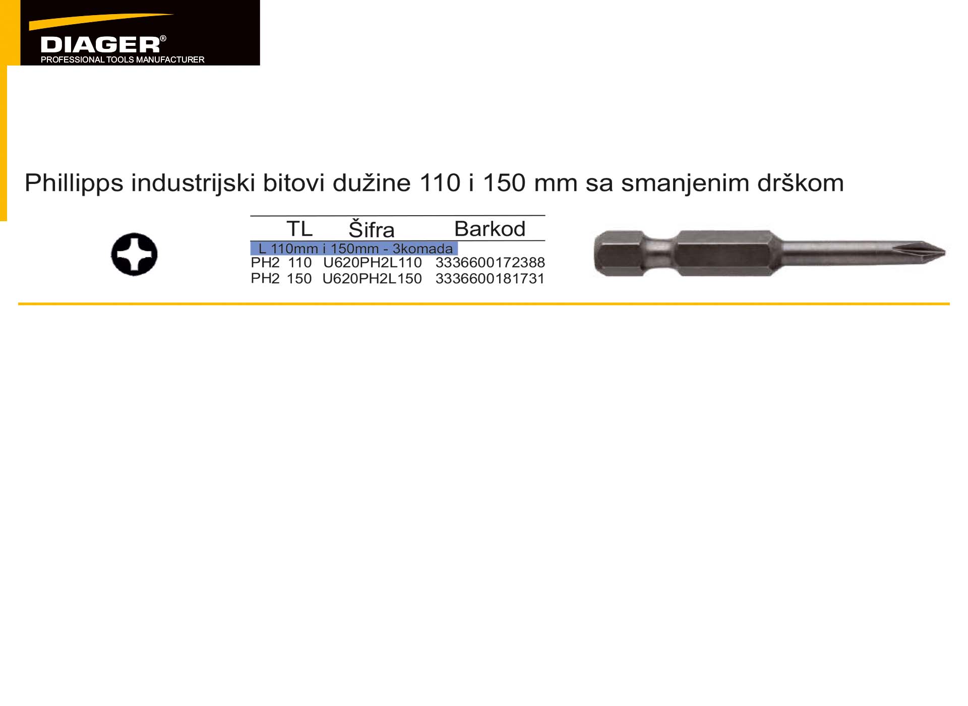 Phillipps industrijski bitovi dužine 110 i 150 mm sa smanjenim drškom