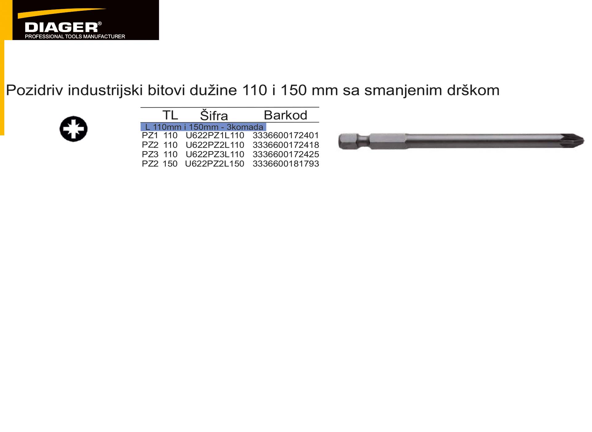 Pozidriv industrijski bitovi dužine 110 i 150 mm sa smanjenim drškom