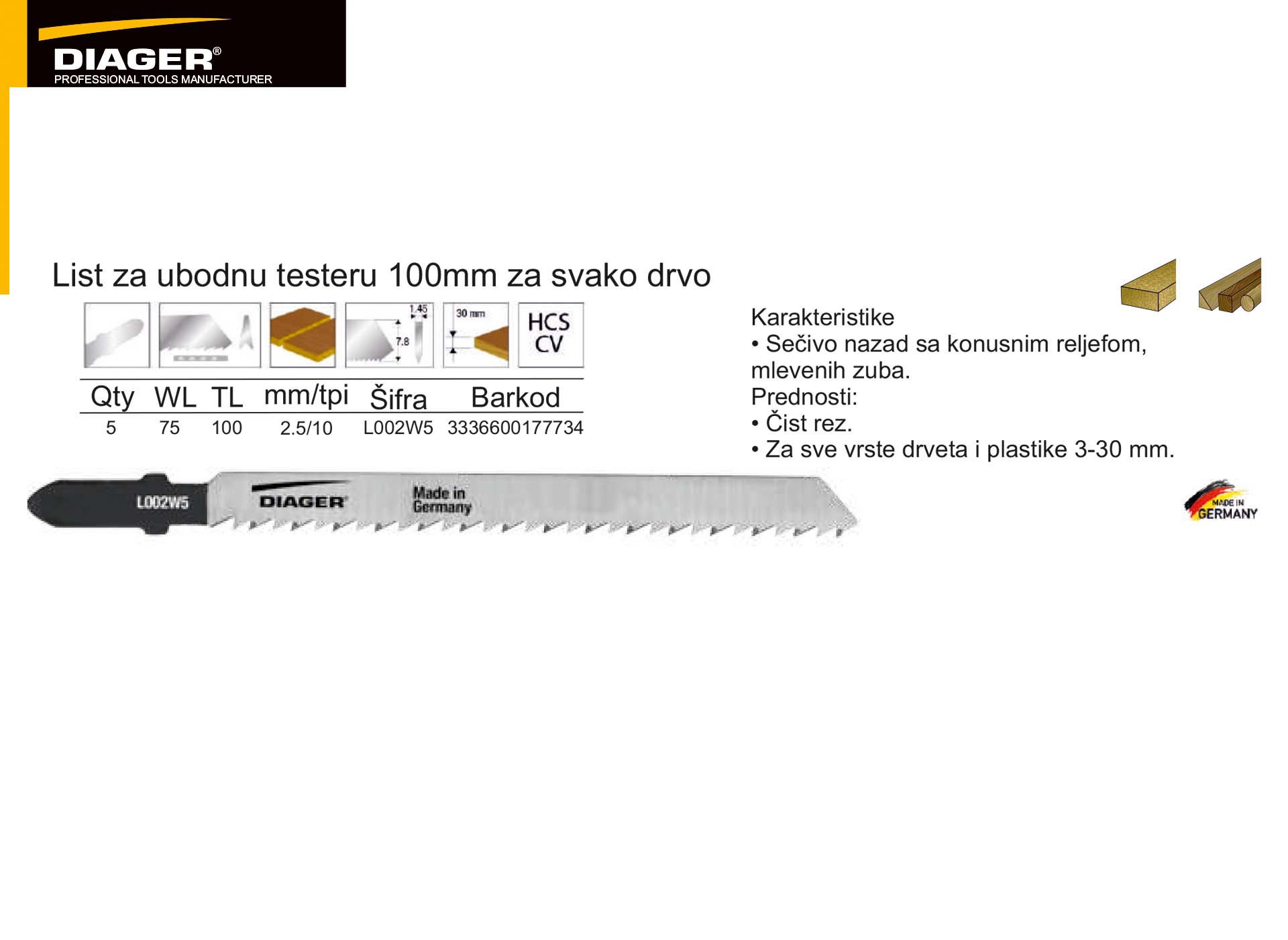 List za ubodnu testeru 100mm za svako drvo