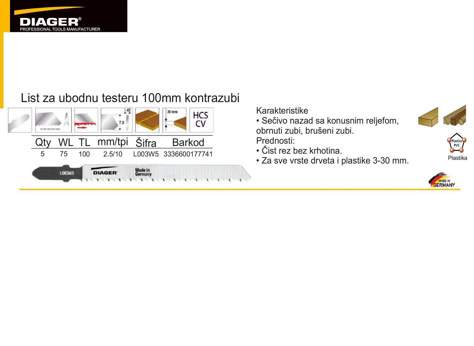 List za ubodnu testeru 100mm kontrazubi