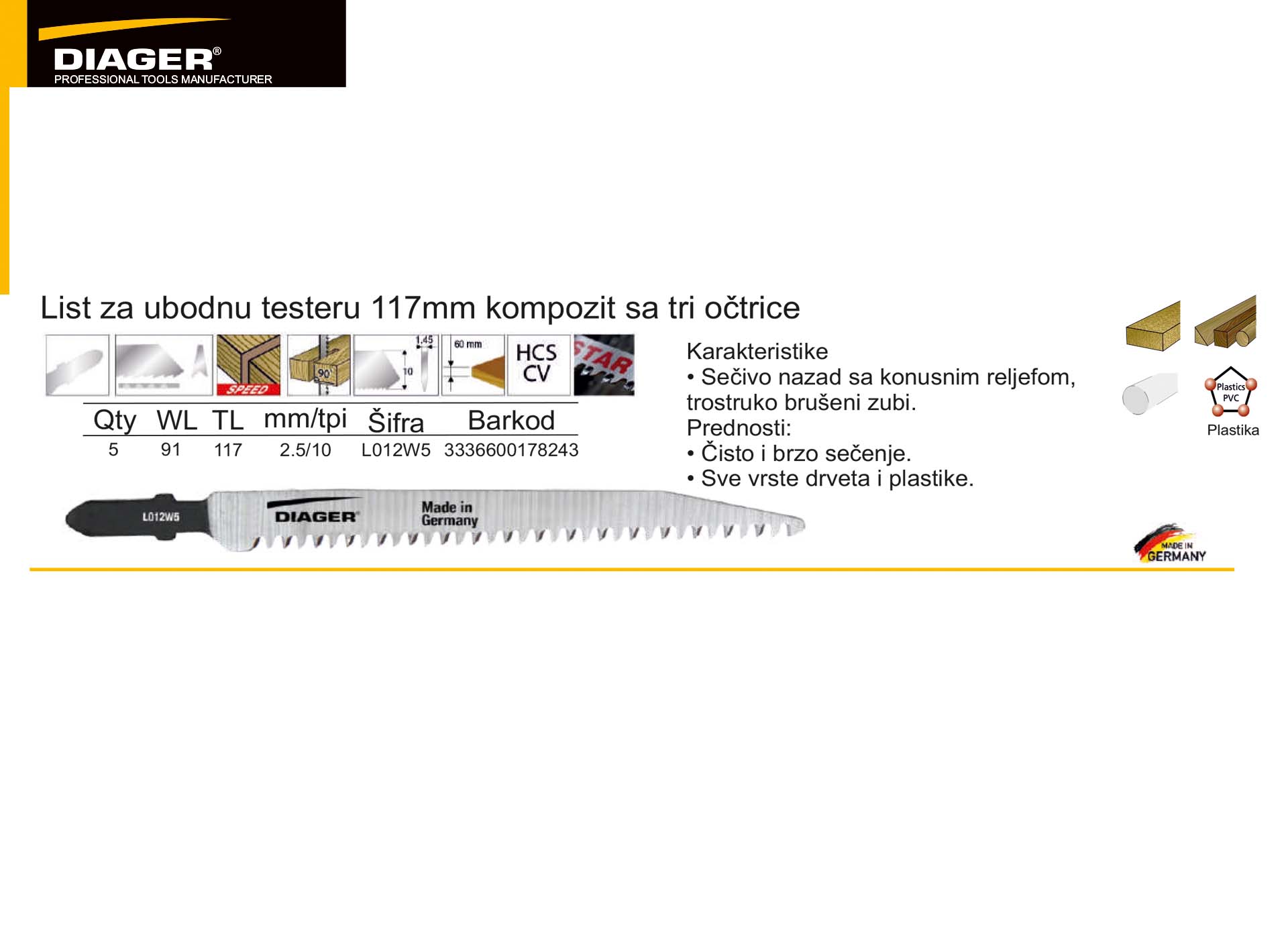 List za ubodnu testeru 117mm kompozit sa tri očtrice