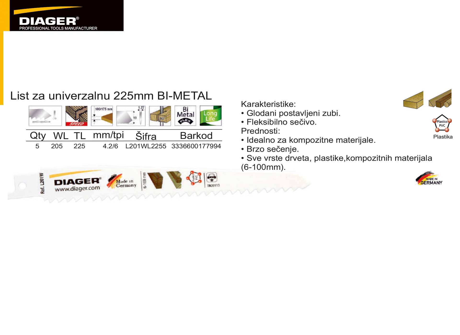 List za univerzalnu 225mm BI-METAL