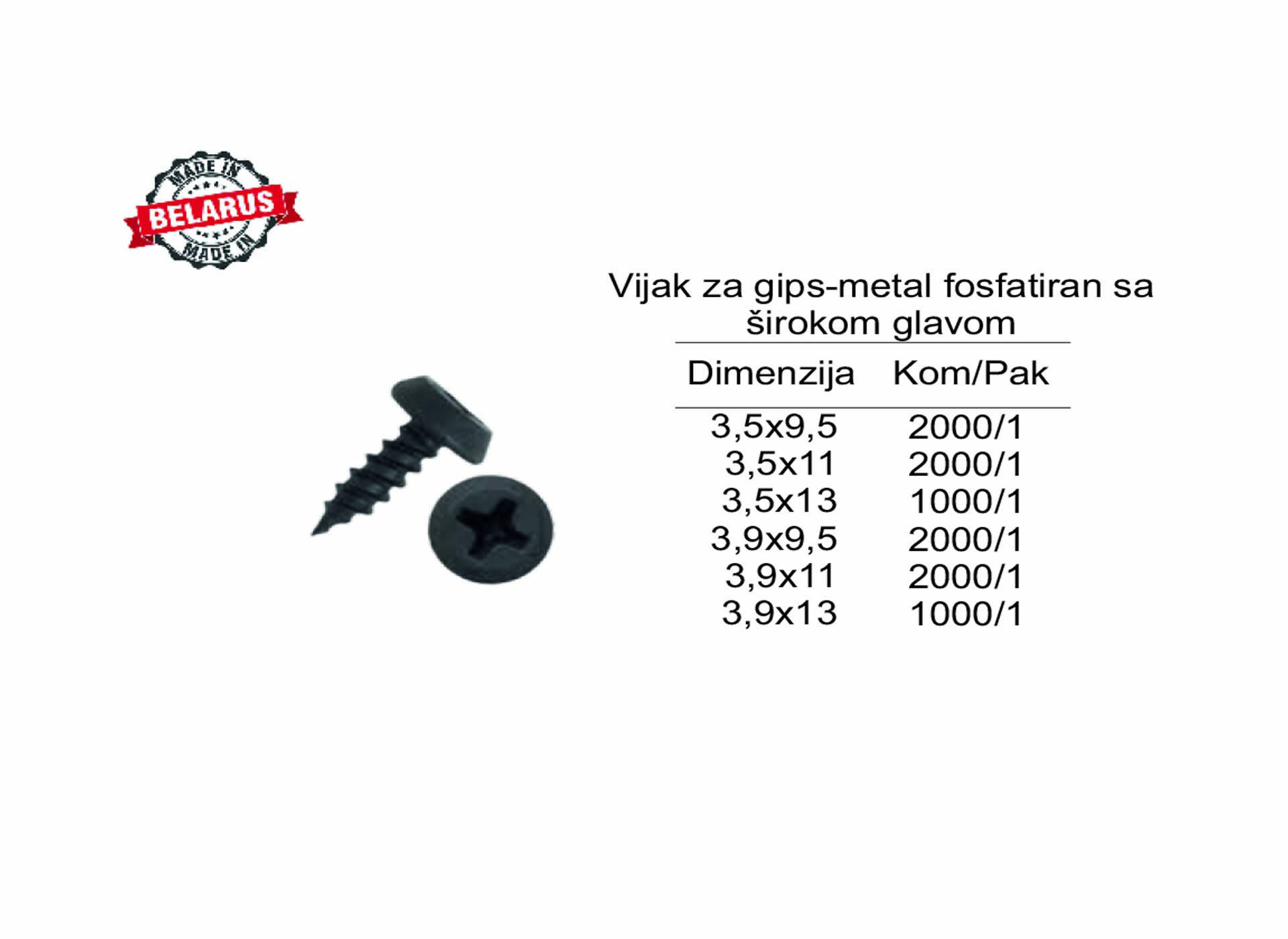 Vijak za gips-metal fosfatiran sa širokom glavom