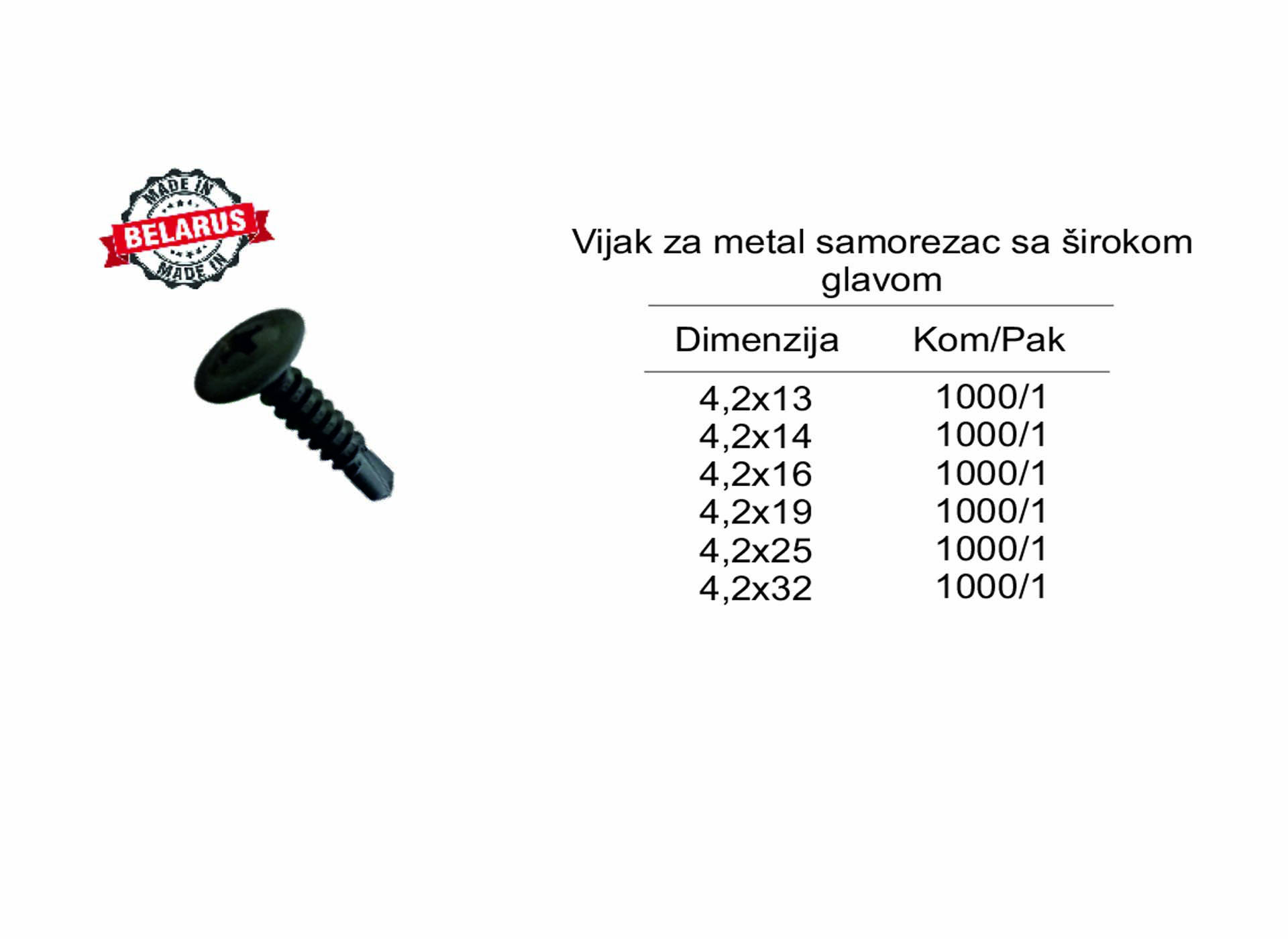 Vijak za metal samorezac sa širokom glavom