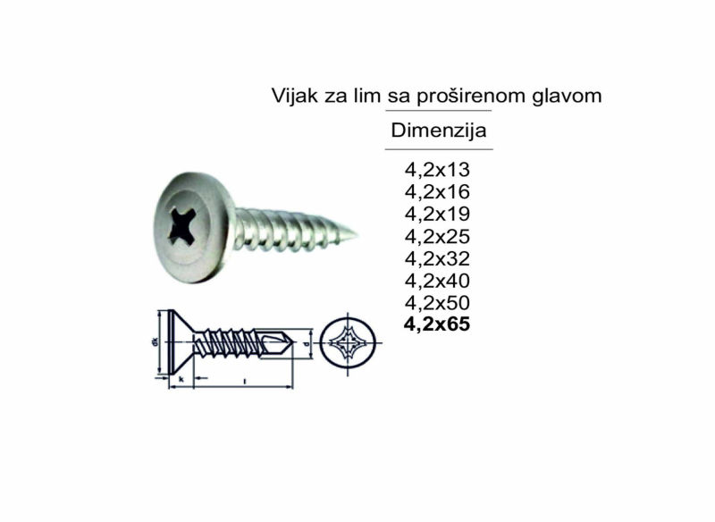 Vijak za lim sa proširenom glavom