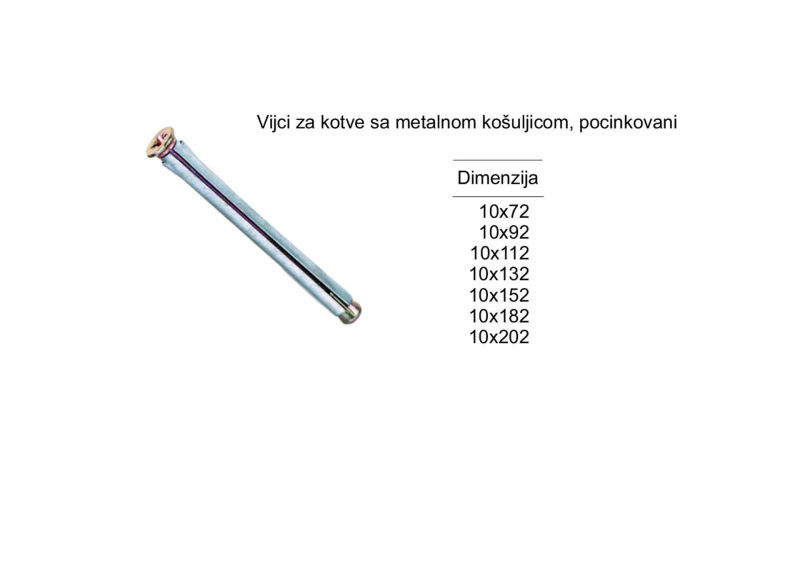 Vijci za kotve sa metalnom košuljicom, pocinkovani