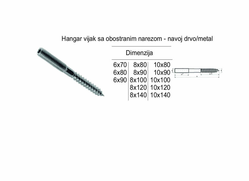 Hangar vijak sa obostranim narezom - navoj drvo-metal