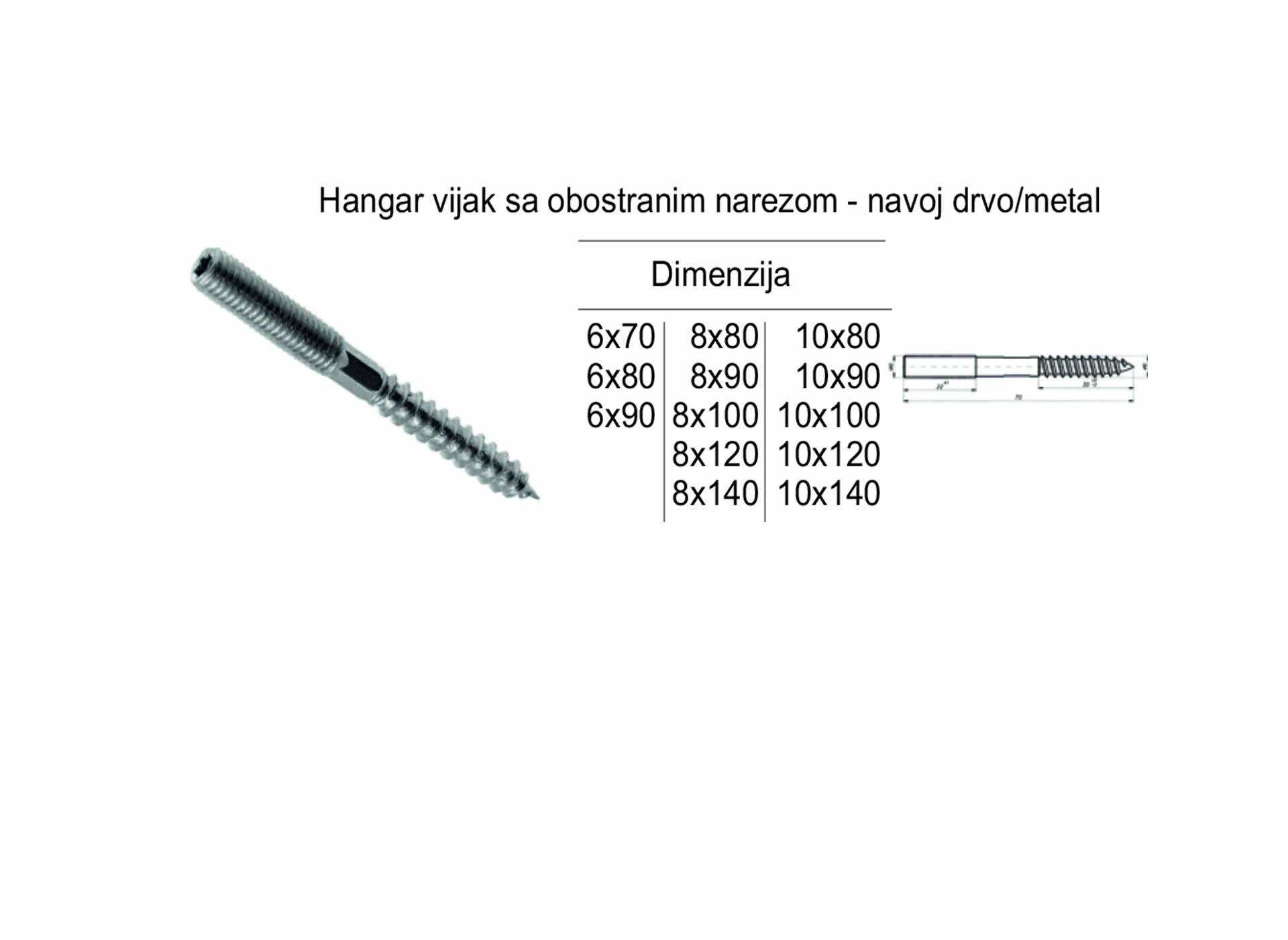 Hangar vijak sa obostranim narezom - navoj drvo-metal