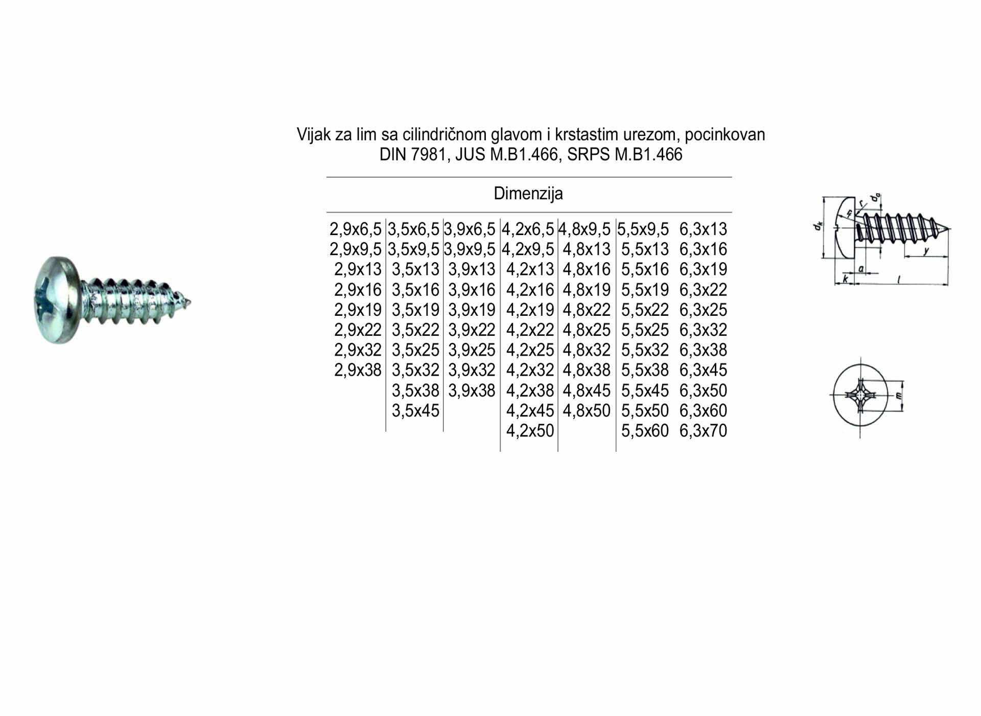 Vijak za lim sa cilindričnom glavom i krstastim urezom, pocinkovan