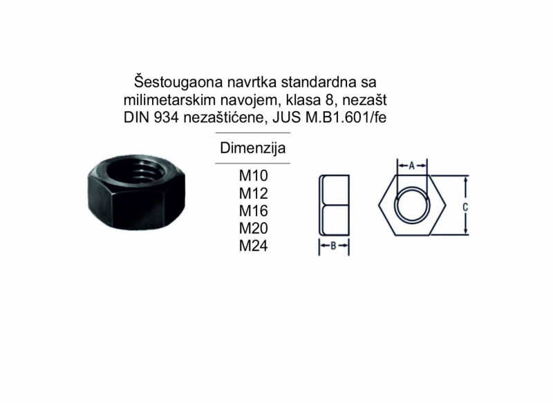 Šestougaona navrtka standardna sa milimetarskim navojem