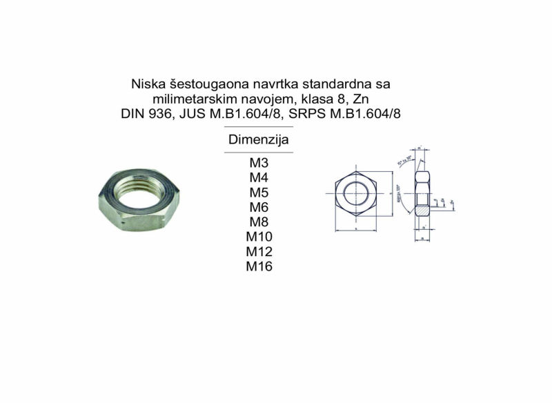 Niska šestougaona navrtka standardna sa milimetarskim navojem