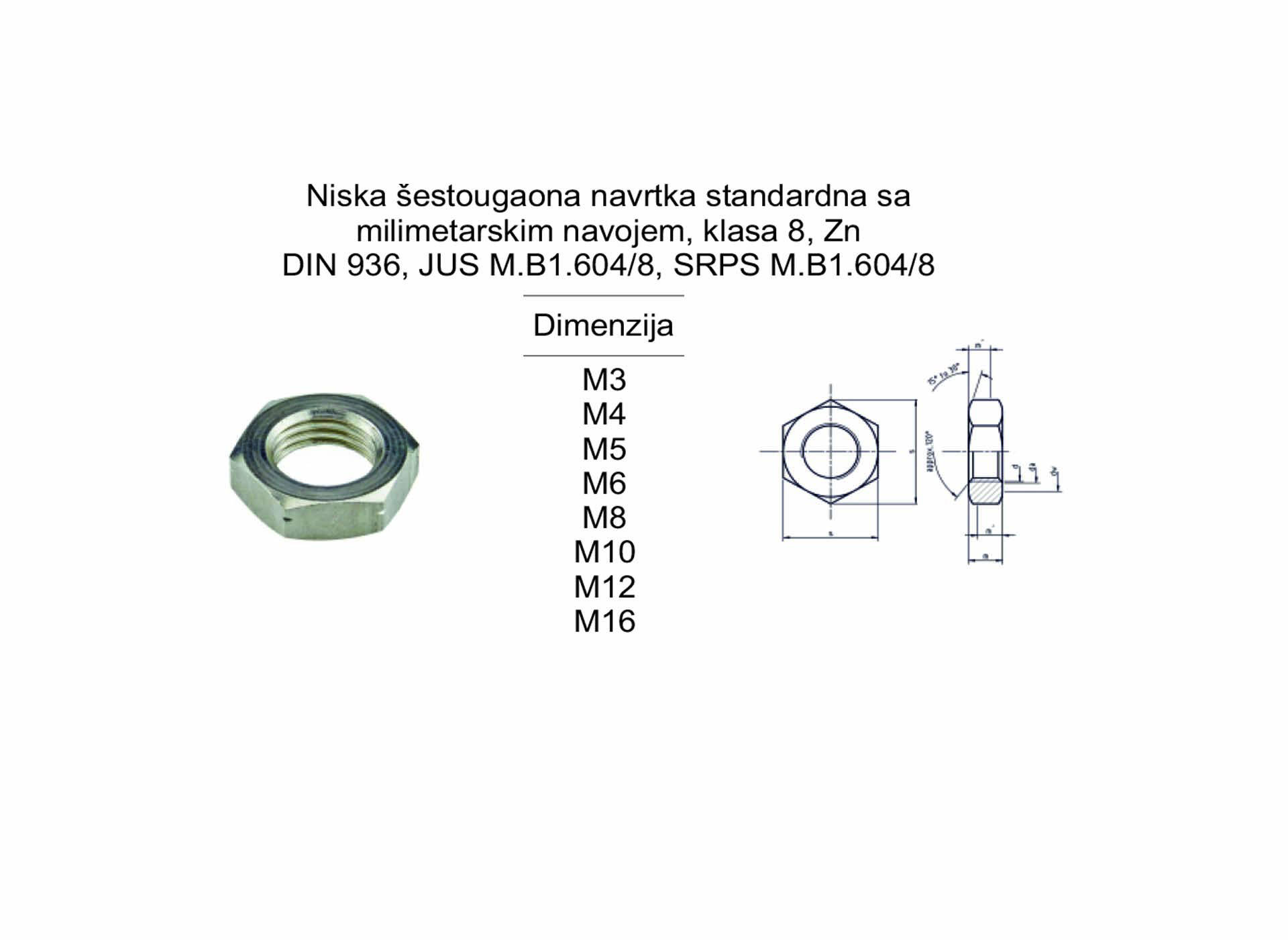 Niska šestougaona navrtka standardna sa milimetarskim navojem