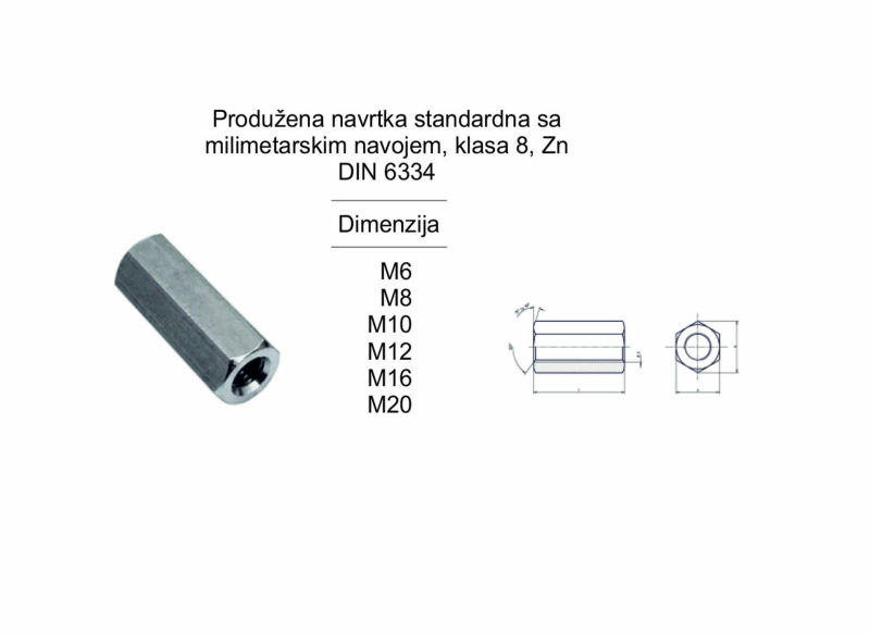 Produžena navrtka standardna sa milimetarskim navojem