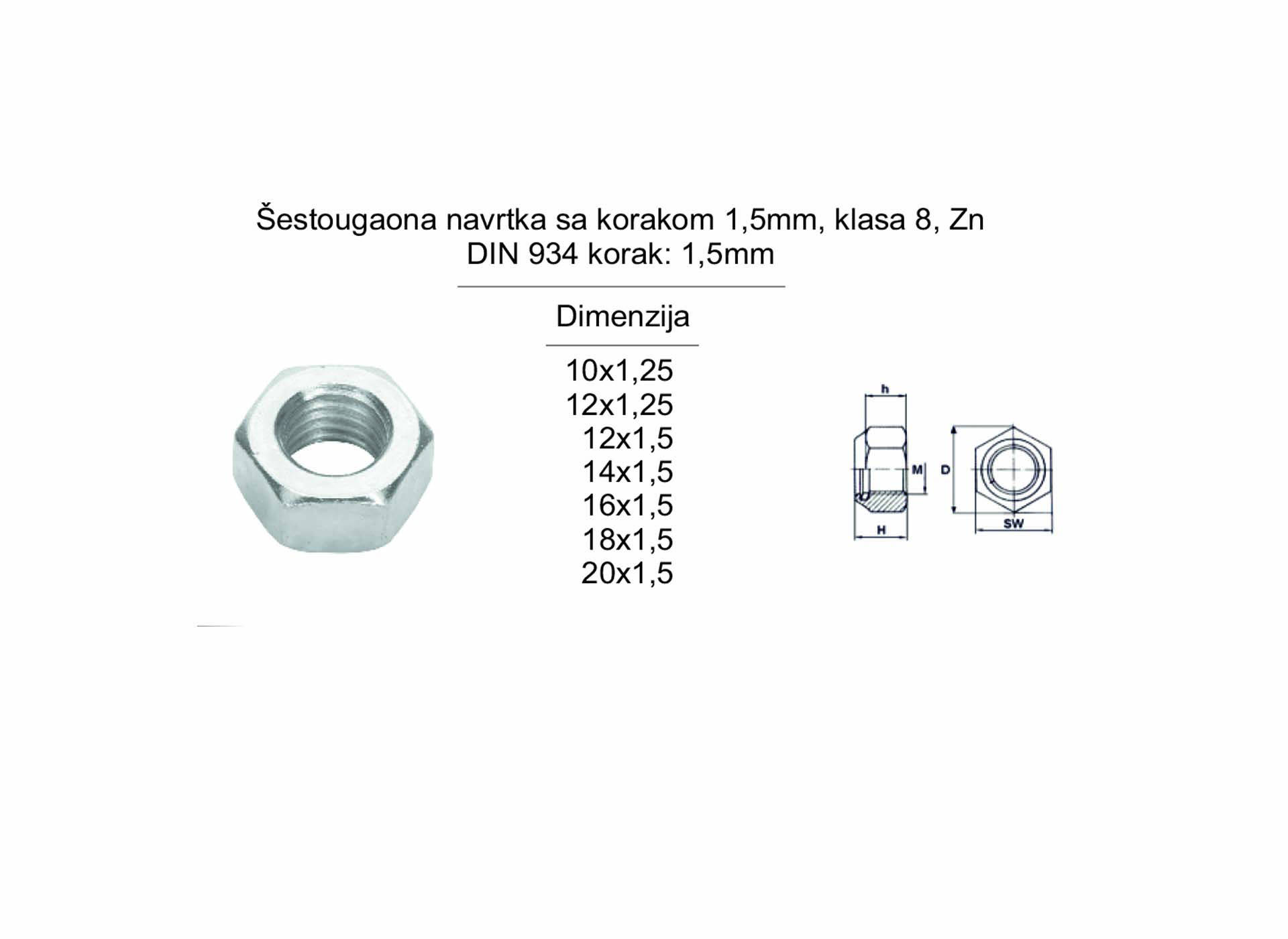Šestougaona navrtka sa korakom 1,5mm