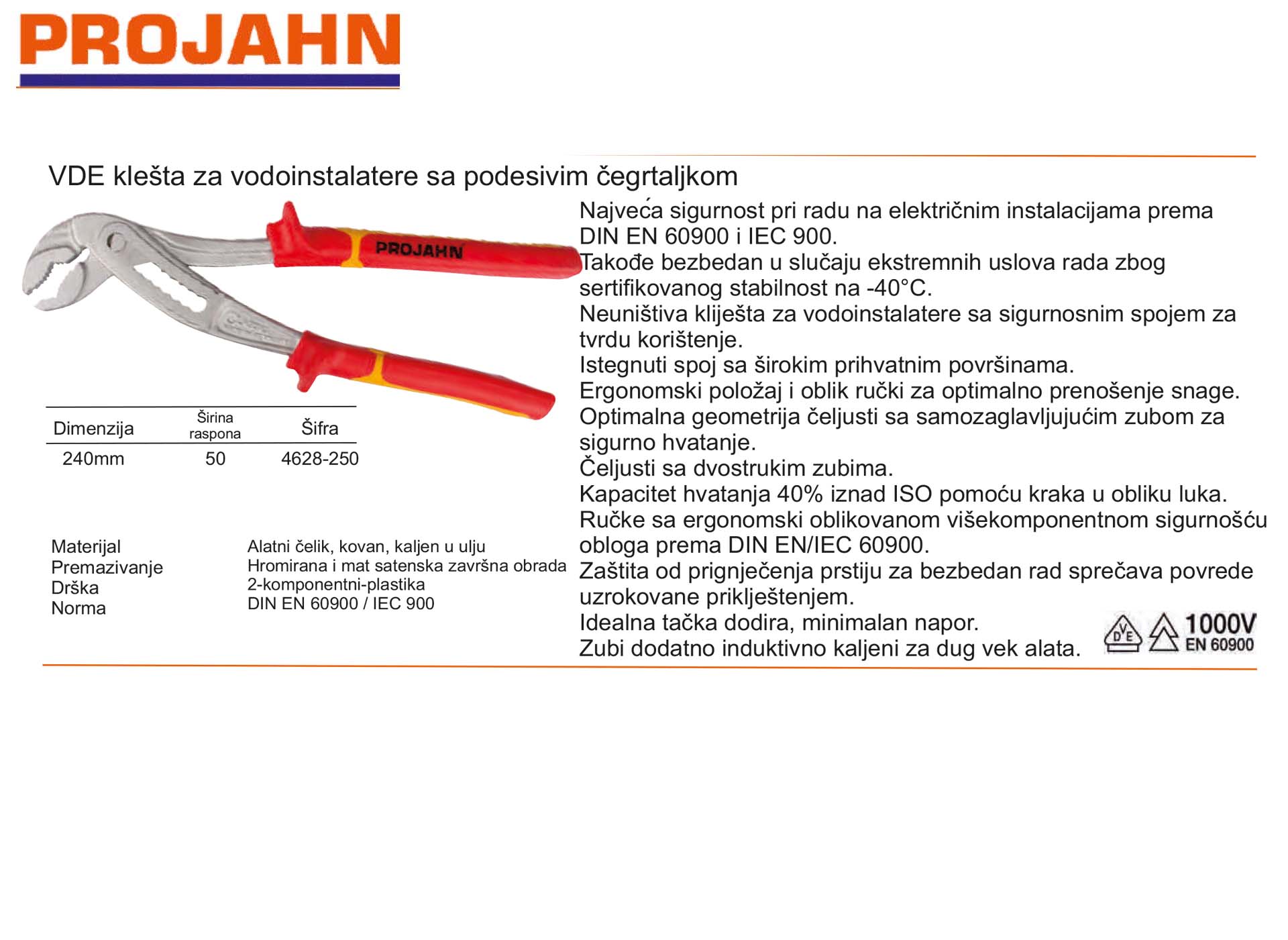 VDE klešta za vodoinstalatere sa podesivim čegrtaljkom