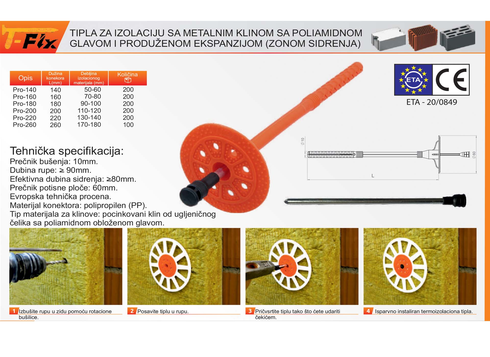 TIPLA ZA IZOLACIJU SA METALNIM KLINOM SA POLIAMIDNOM GLAVOM I PRODUŽENOM EKSPANZIJOM - ZONOM SIDRENJA